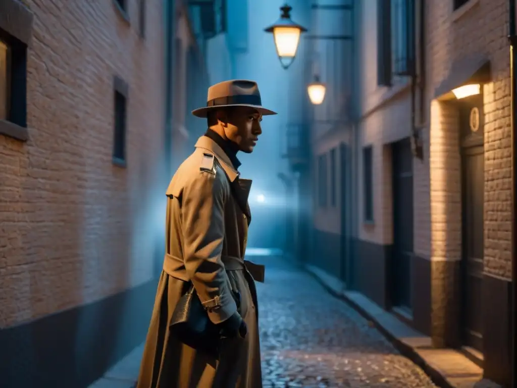 Un vigilante en un callejón sombrío, preparado para defenderse con un elegante movimiento de autodefensa en estilo Film Noir