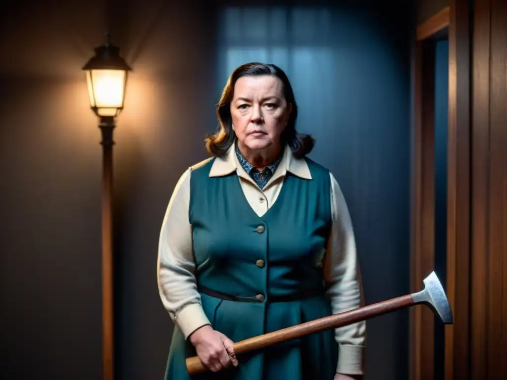 La villana icónica en género detectivesco, Annie Wilkes, con una expresión amenazante, sostiene un martillo en una habitación oscura y sombría