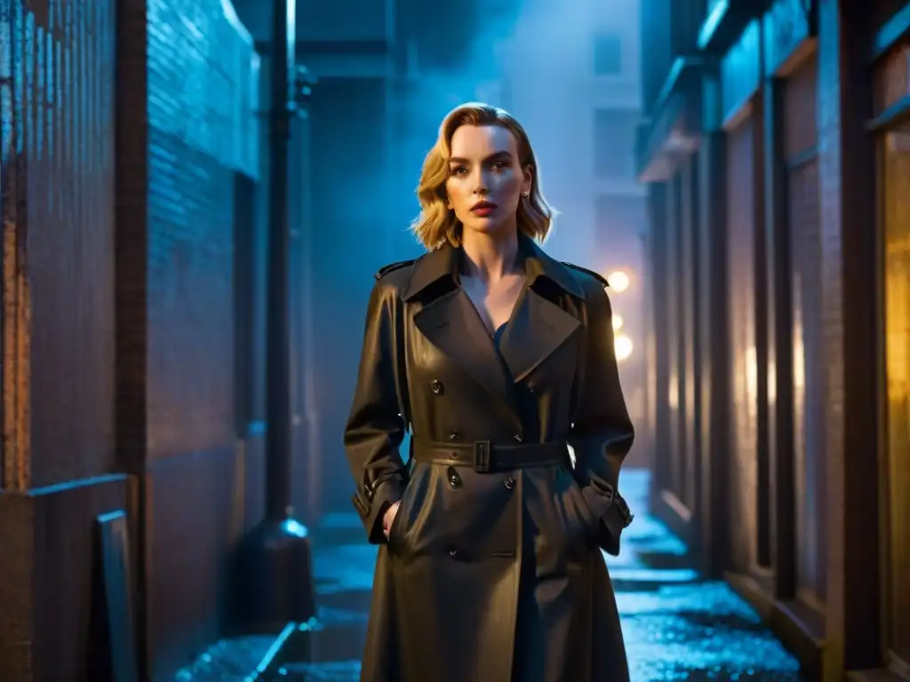 Villanelle en el callejón: misterio y seducción en la noche lluviosa Jodie Comer como Villanelle en un callejón oscuro, con un revolver vintage, mirada misteriosa y estética de Cine Negro